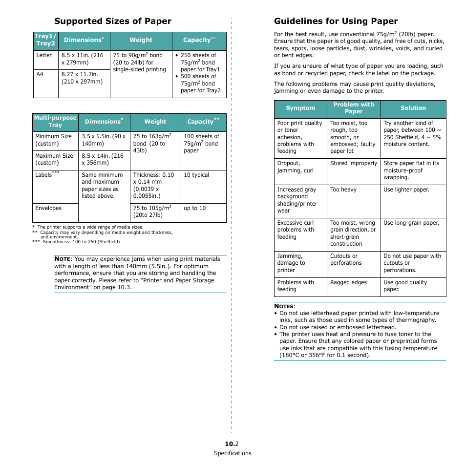 Supported sizes of paper, Guidelines for using paper | Samsung CLP-650 Series User Manual | Page 75 / 117