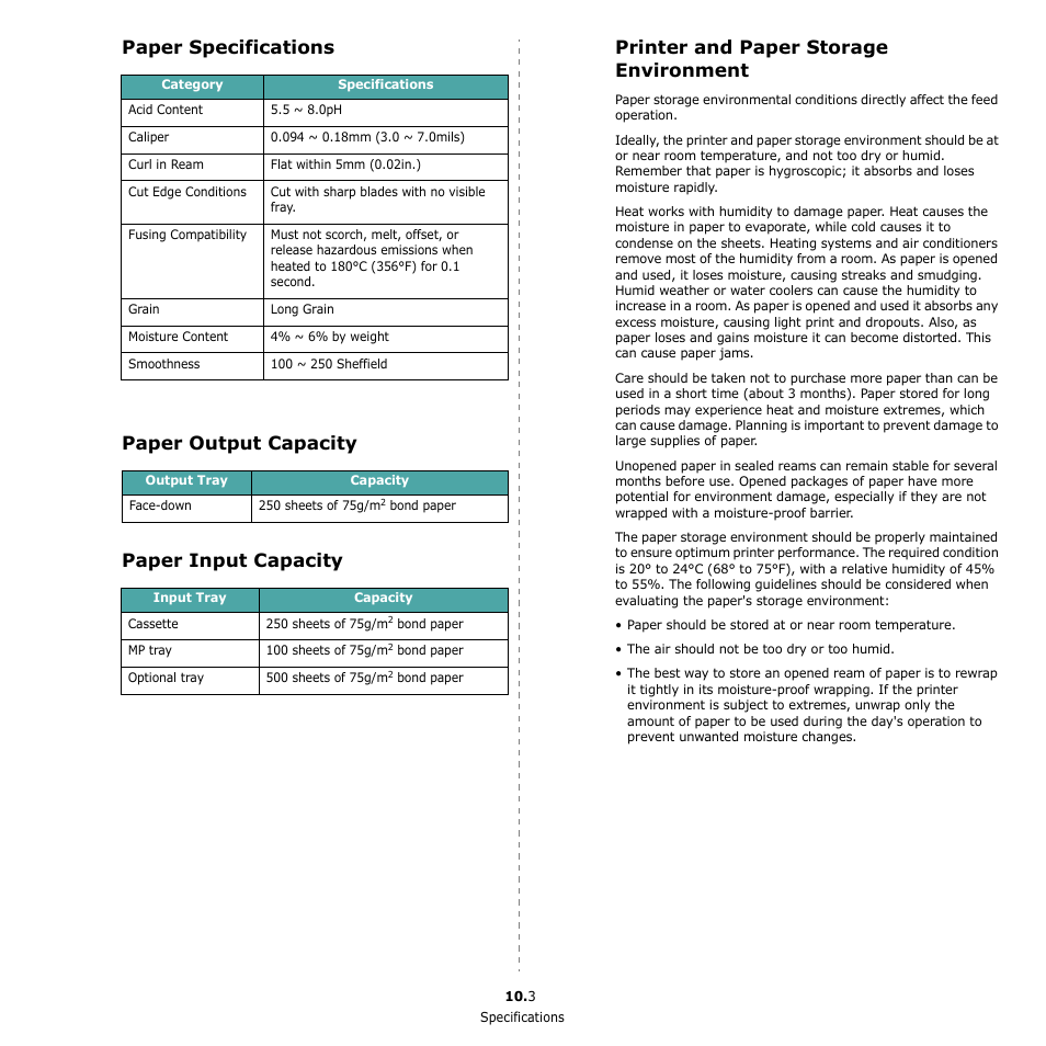 Paper specifications, Paper output capacity, Paper input capacity | Printer and paper storage environment | Samsung CLP-650 Series User Manual | Page 76 / 117