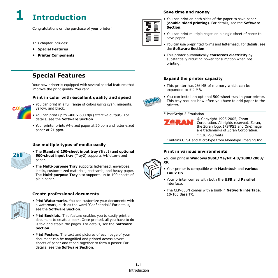 Introduction, Special features | Samsung CLP-650 Series User Manual | Page 9 / 117