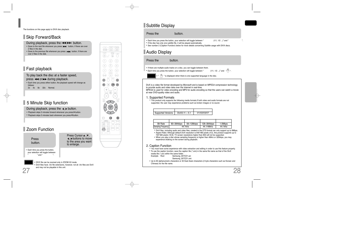 Divx playback, Subtitle display, Audio display | Fast playback skip forward/back, Zoom function, 5 minute skip function | Samsung AH68-01850K User Manual | Page 15 / 38
