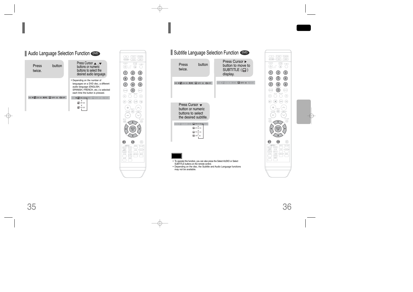 Selecting audio language, Selecting subtitle language, Selecting subtitle language 35 | Samsung AH68-01850K User Manual | Page 19 / 38