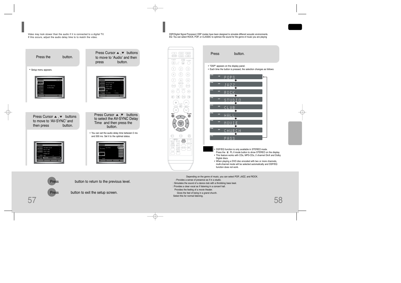 Av sync setup, Sound field (dsp)/eq function, Av sync setup 57 | Samsung AH68-01850K User Manual | Page 30 / 38