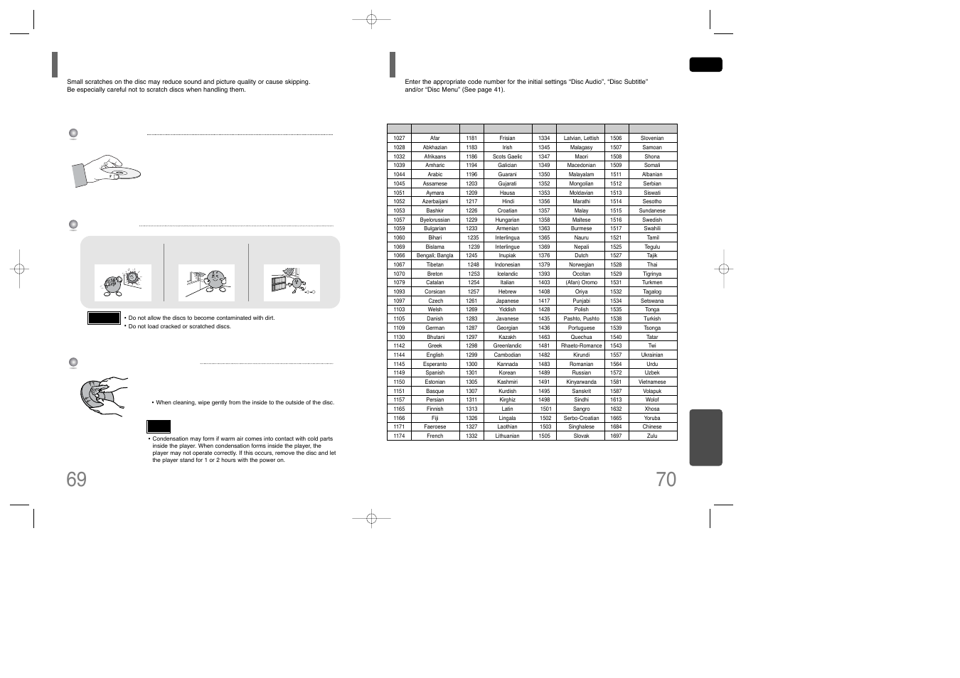 Cautions on handling and storing discs, Language code list, Language code list 69 | Samsung AH68-01850K User Manual | Page 36 / 38