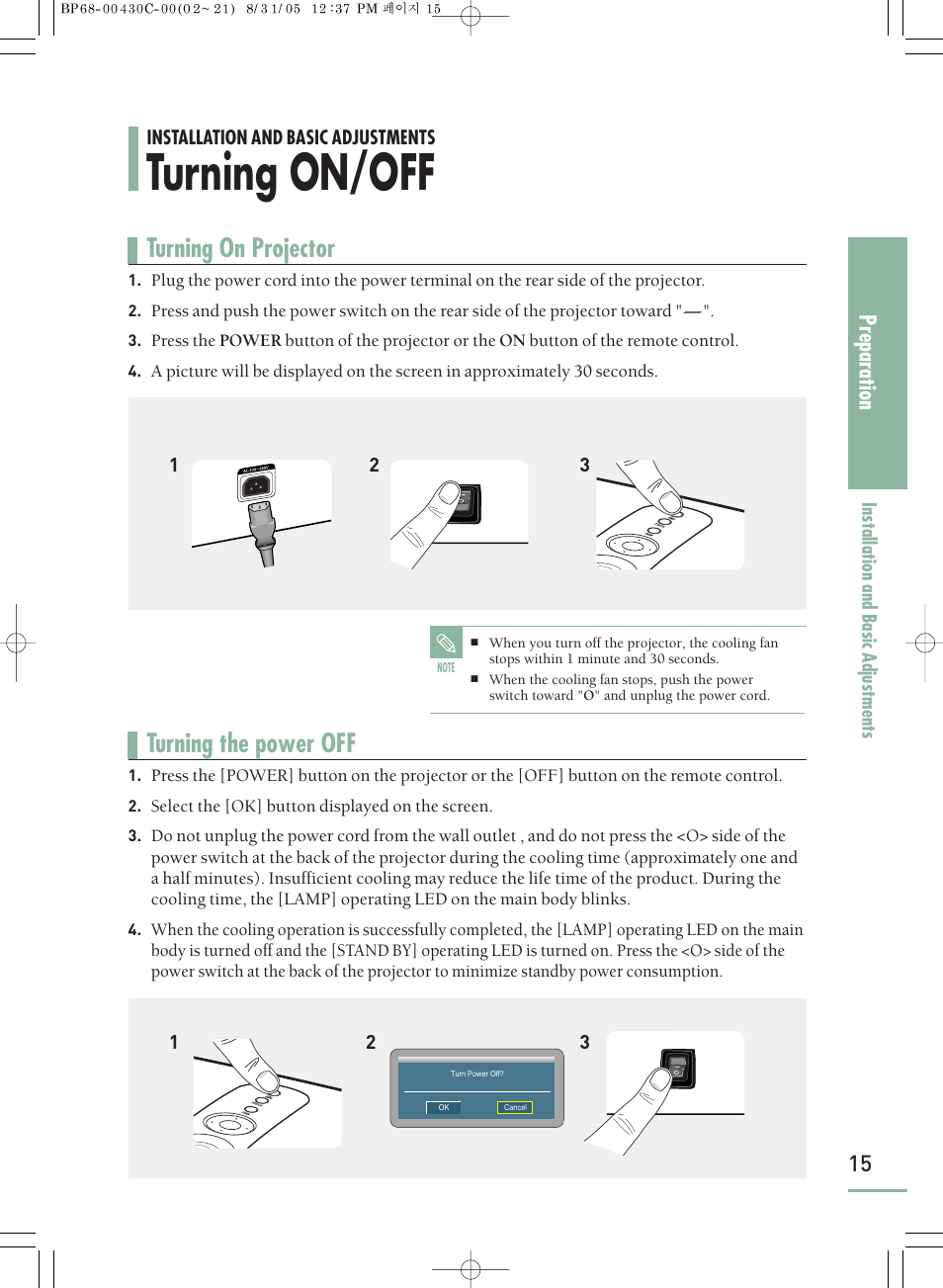 Turning on/off, Turning on projector, Turning the power off | Preparation | Samsung SP-H800 User Manual | Page 15 / 87