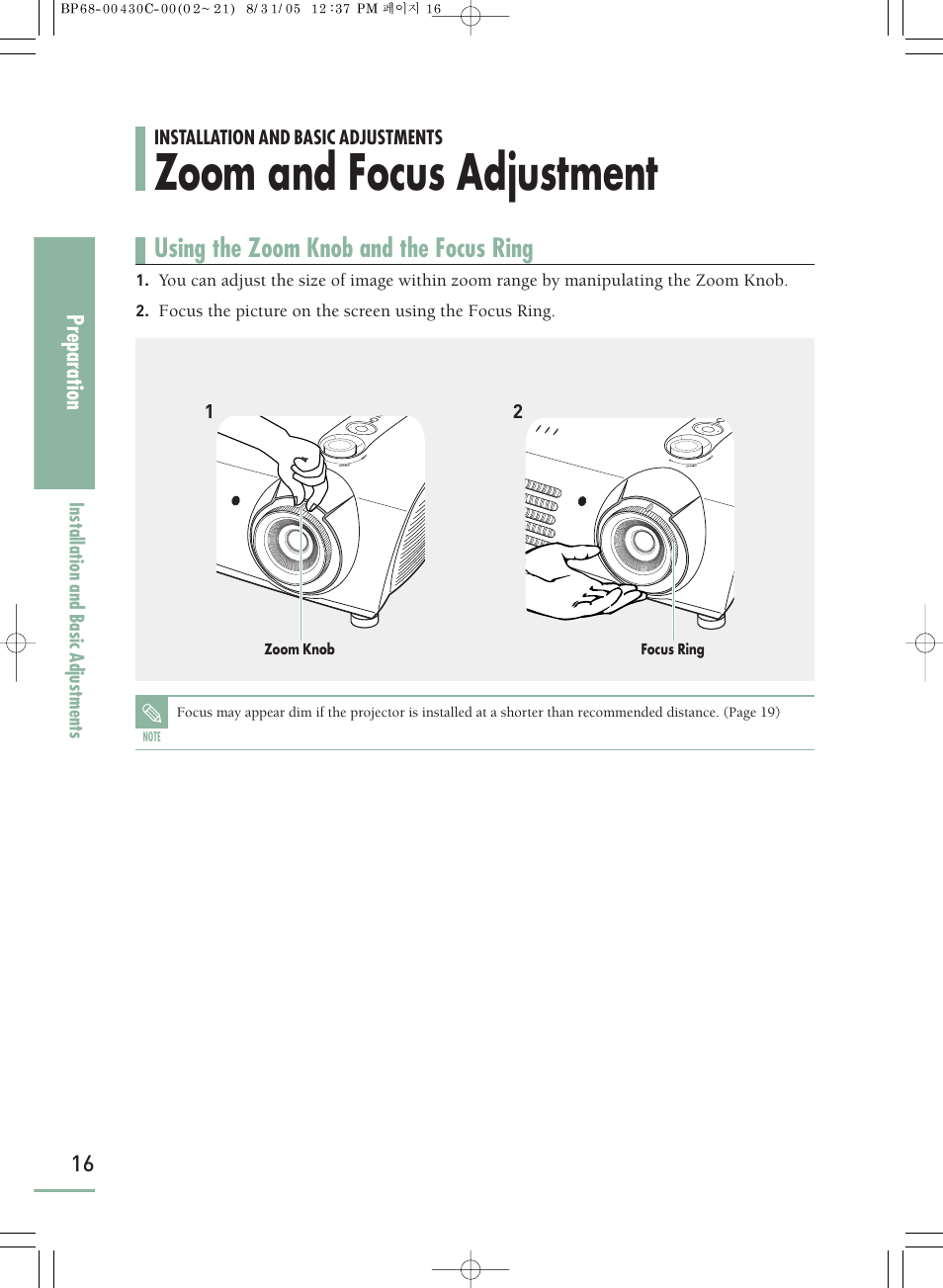 Zooming and focus adjustment, Zoom and focus adjustment, Using the zoom knob and the focus ring | Samsung SP-H800 User Manual | Page 16 / 87