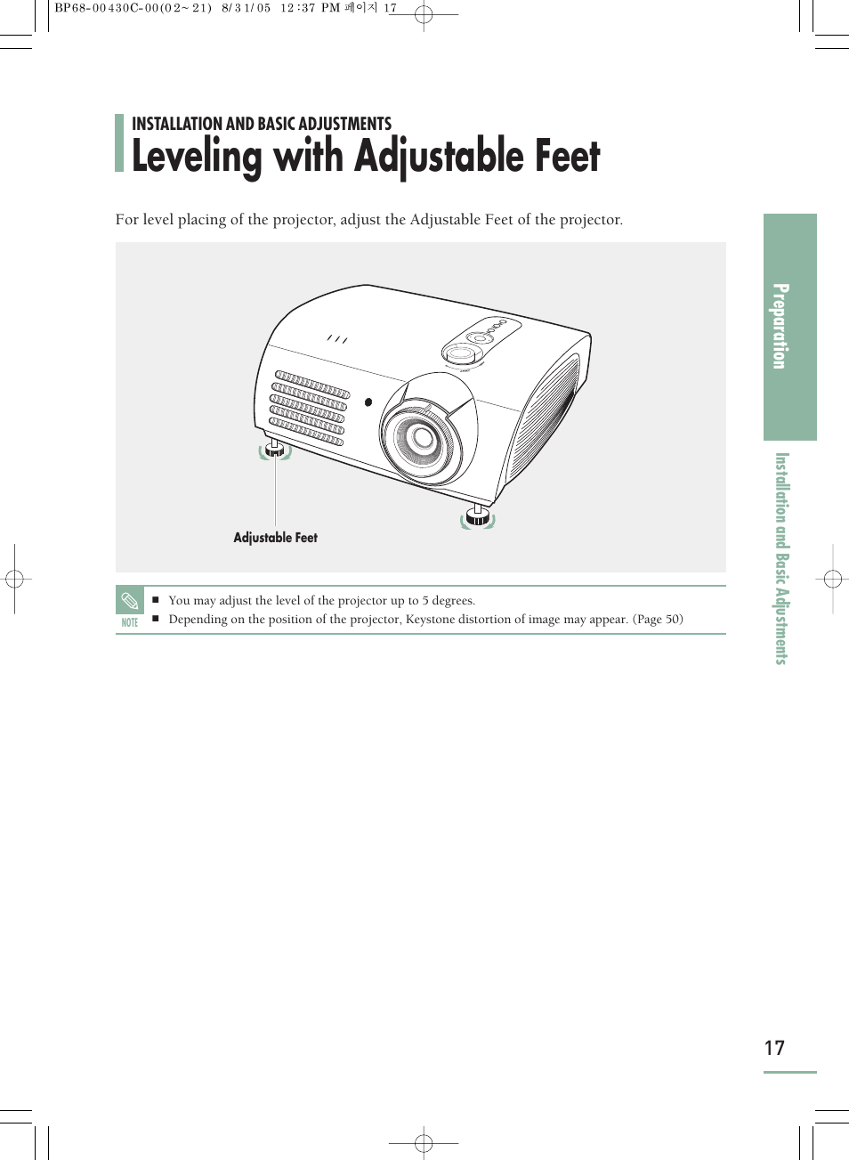Leveling with adjustable feet, Preparation | Samsung SP-H800 User Manual | Page 17 / 87