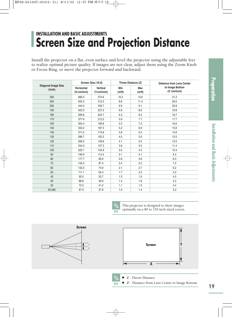 Screen size and projection distance, Preparation, Installation and basic adjustments | Samsung SP-H800 User Manual | Page 19 / 87