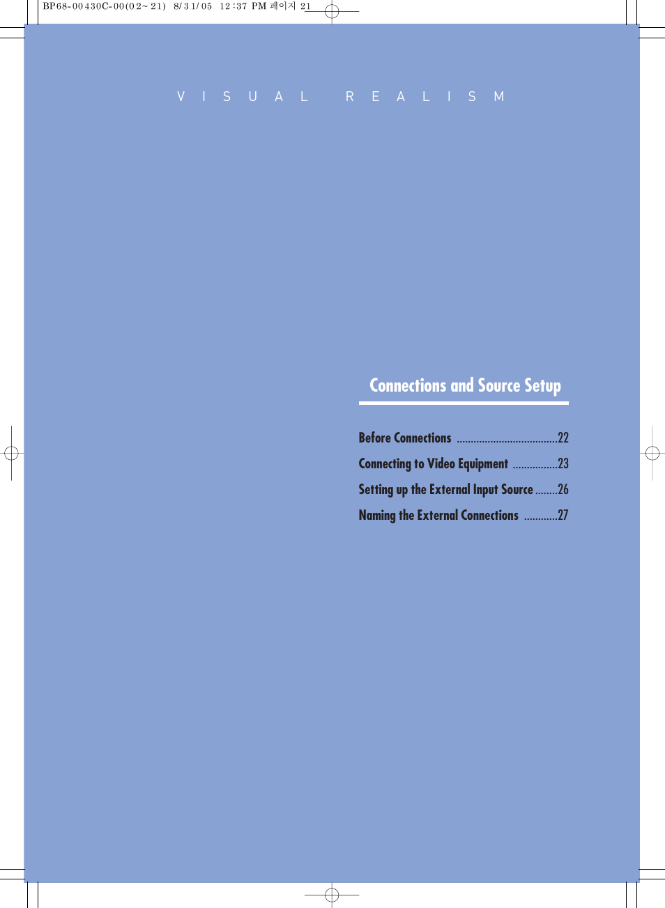 Connections and source setup | Samsung SP-H800 User Manual | Page 21 / 87