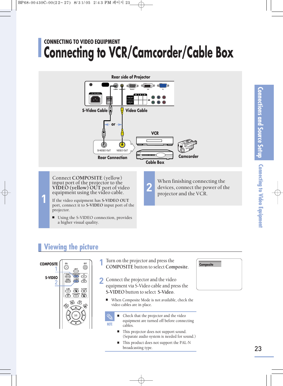 Connecting to video equipment, Connecting to vcr/camcorder/cable box, Viewing the picture | Connections and source setup | Samsung SP-H800 User Manual | Page 23 / 87