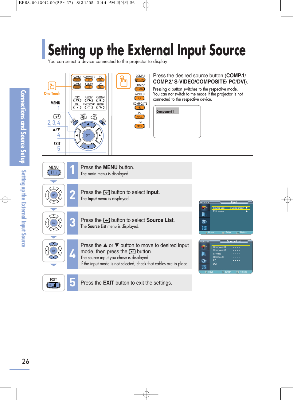 Setting up the external input source, Connections and source setup | Samsung SP-H800 User Manual | Page 26 / 87