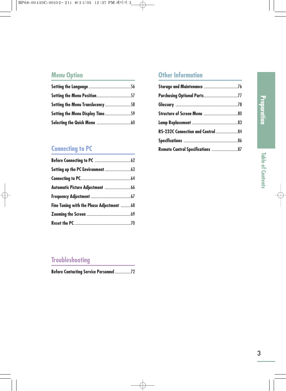 Preparation, 3menu option, Connecting to pc | Troubleshooting, Other information | Samsung SP-H800 User Manual | Page 3 / 87