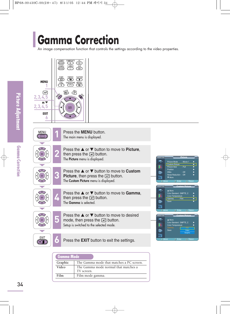 Gamma correction, Picture adjustment, Press the menu button | Press the exit button to exit the settings, Gamma mode | Samsung SP-H800 User Manual | Page 34 / 87