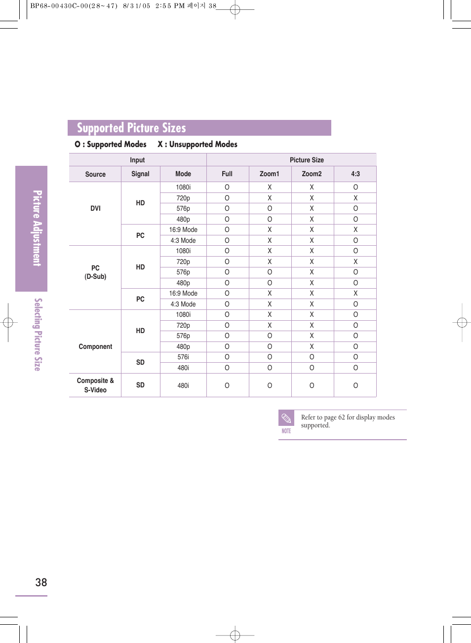 Supported picture sizes, Picture adjustment, Selecting picture size | Samsung SP-H800 User Manual | Page 38 / 87