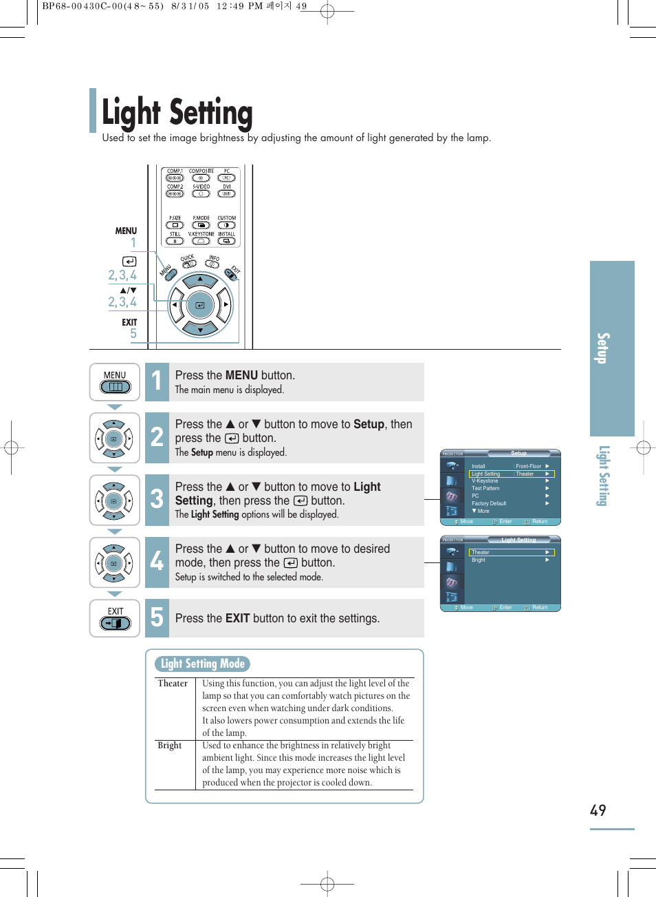 Light setting, Setup | Samsung SP-H800 User Manual | Page 49 / 87