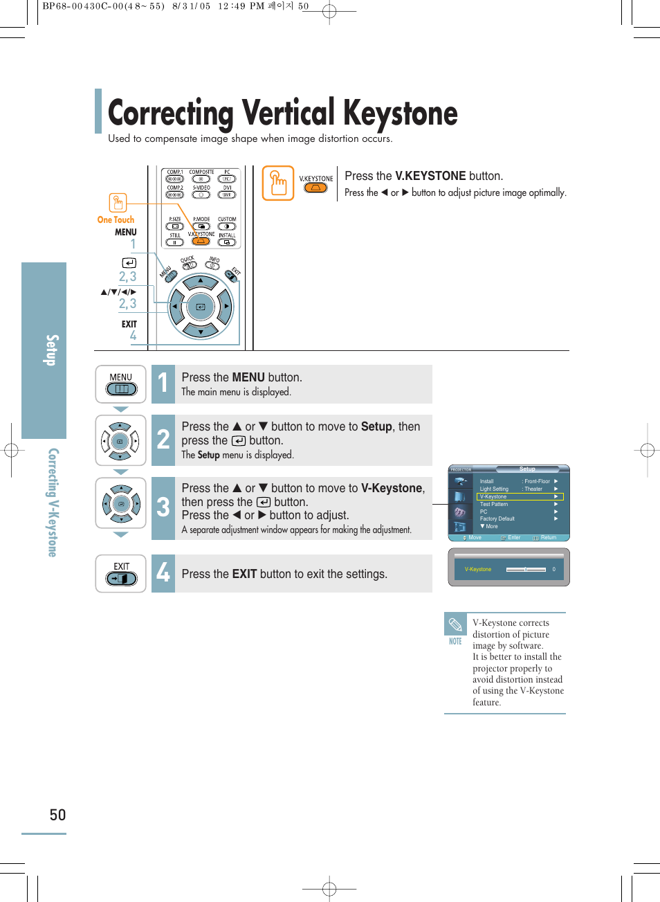 Correcting vertical keystone, Setup | Samsung SP-H800 User Manual | Page 50 / 87