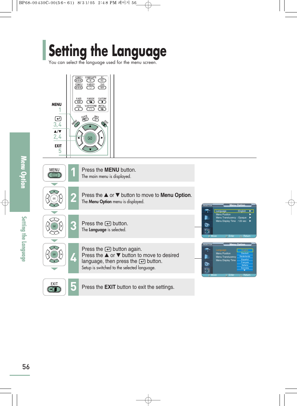 Setting the language, Menu option, Setting the language 1 | Samsung SP-H800 User Manual | Page 56 / 87