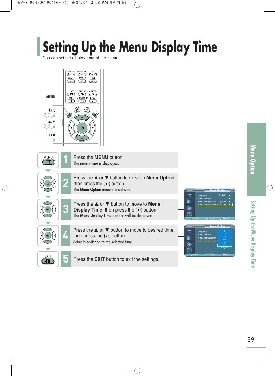 Setting the menu display time, Setting up the menu display time, Menu option | Setting up the menu display t ime 1 | Samsung SP-H800 User Manual | Page 59 / 87