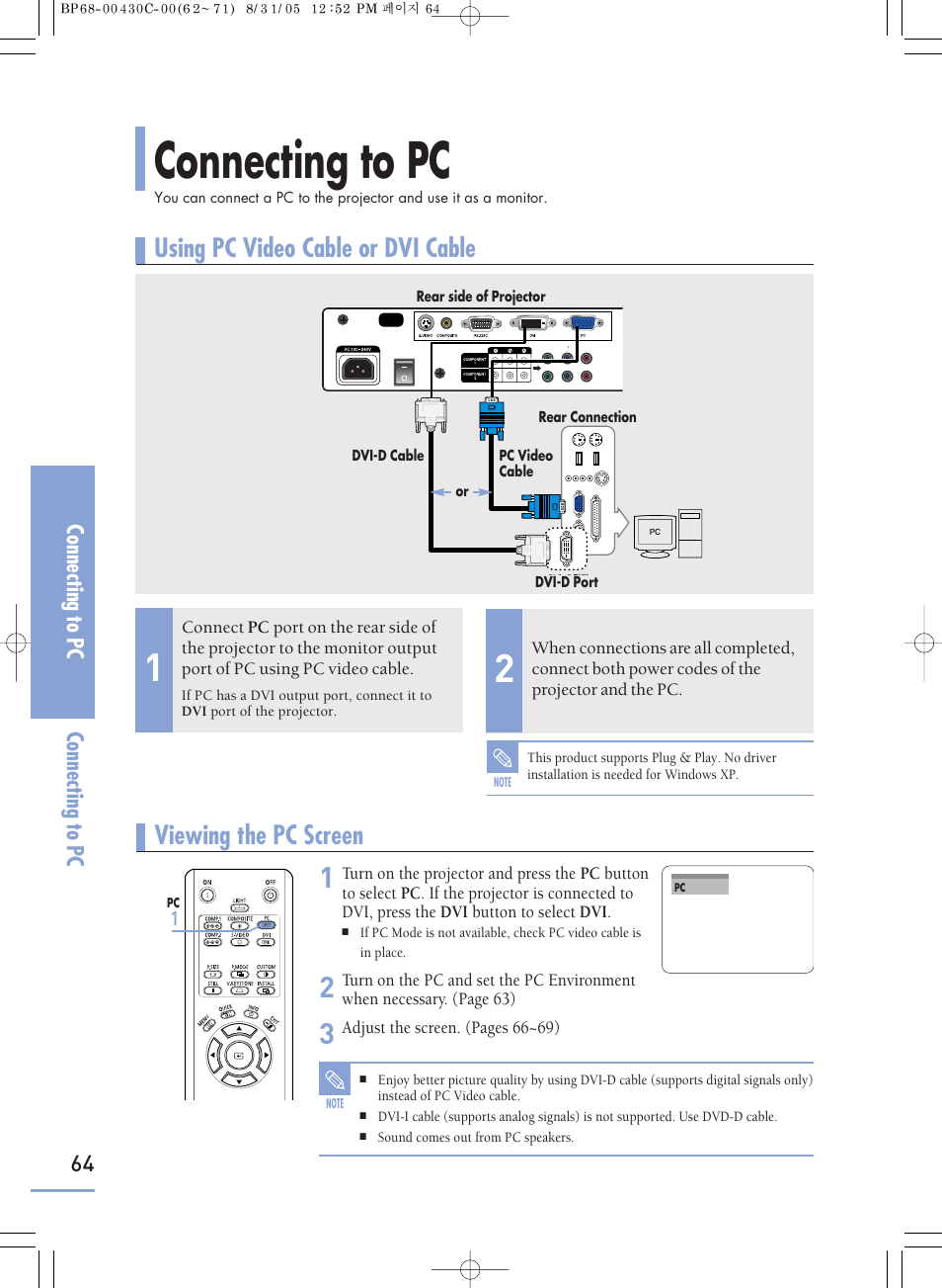 Connecting to pc, Using pc video cable or dvi cable, Viewing the pc screen | Samsung SP-H800 User Manual | Page 64 / 87