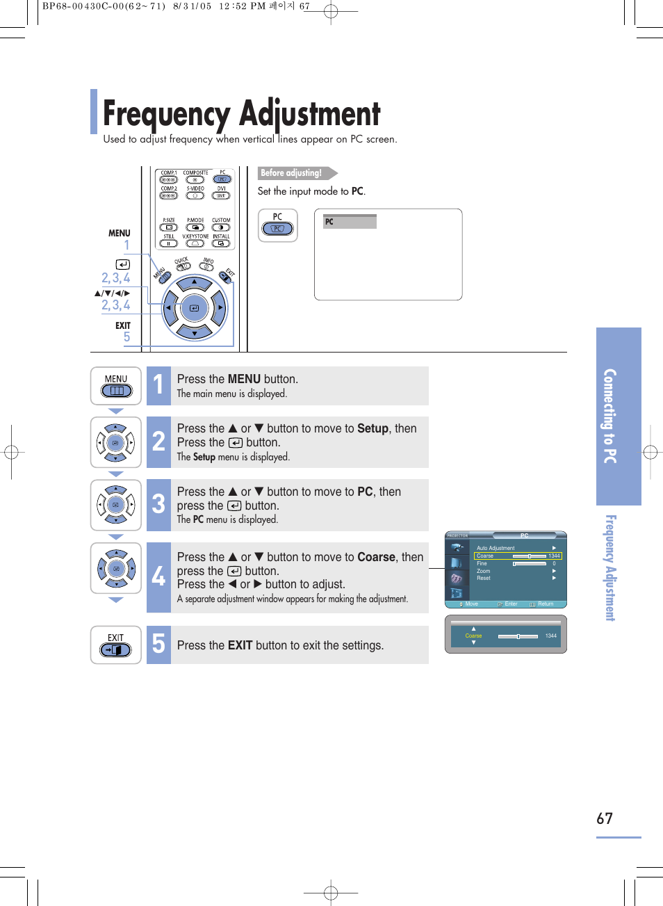 Frequency adjustment, Connecting to pc | Samsung SP-H800 User Manual | Page 67 / 87