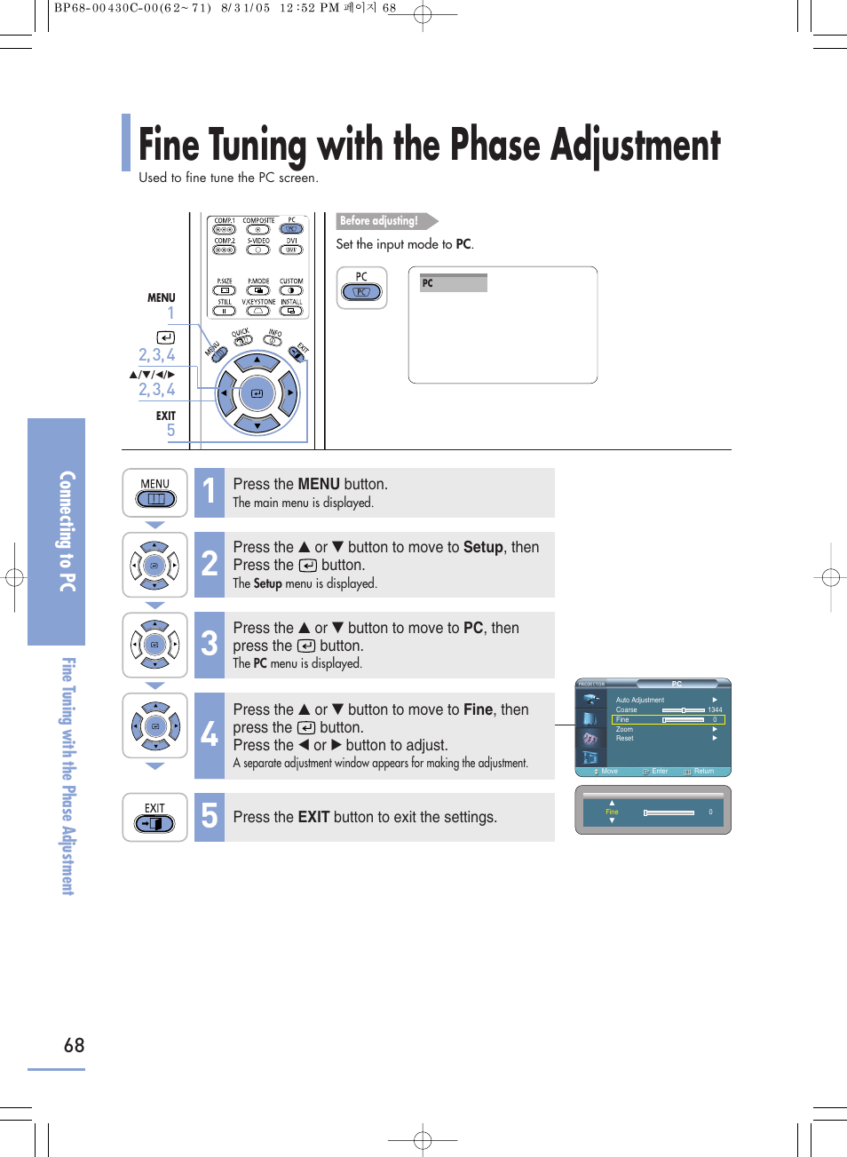 Fine tuning with the phase adjustment, Connecting to pc | Samsung SP-H800 User Manual | Page 68 / 87
