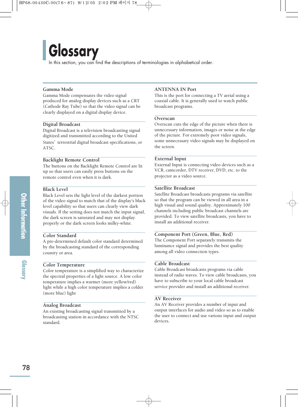 Glossary, Other information | Samsung SP-H800 User Manual | Page 78 / 87