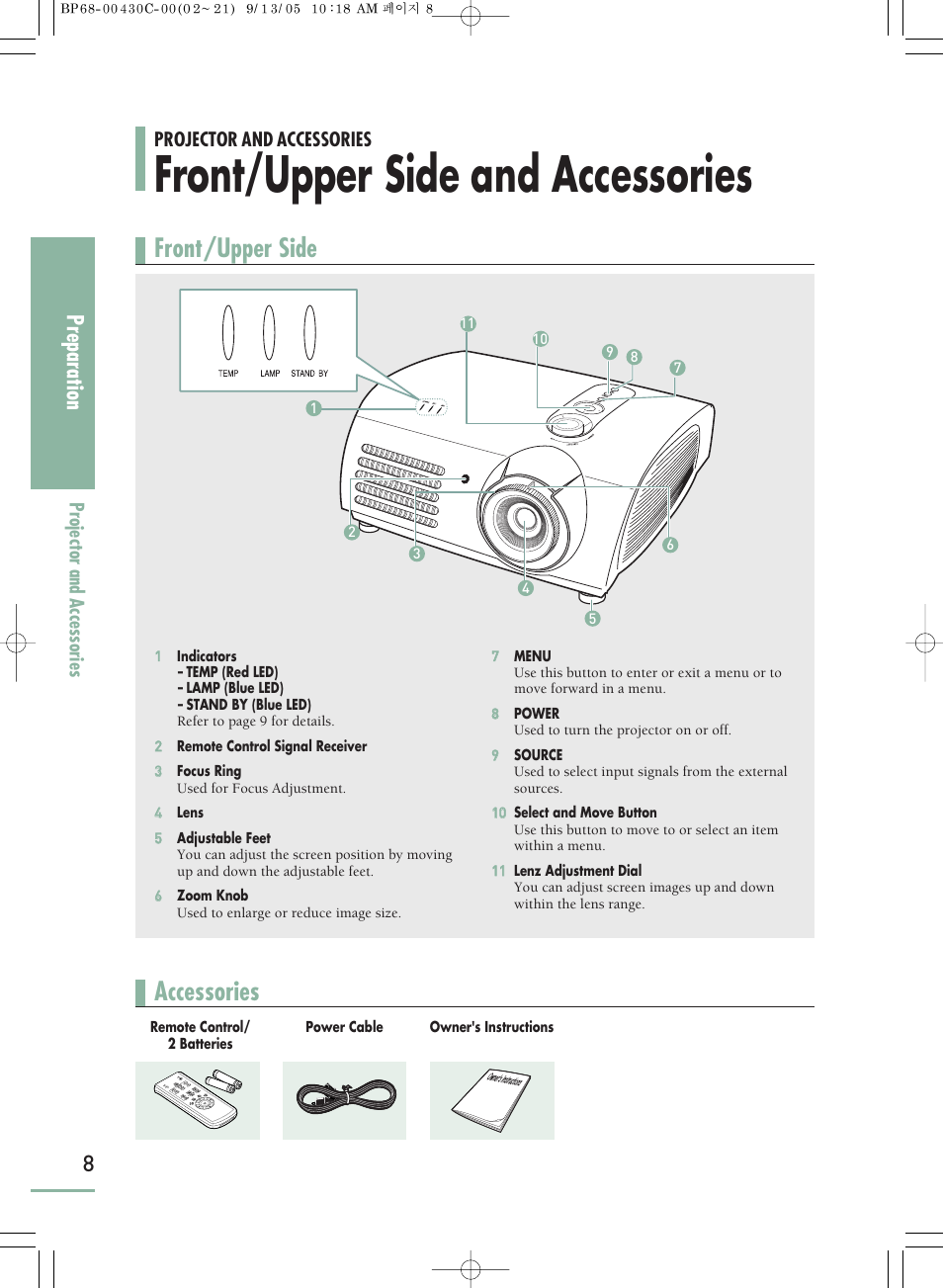 Projector and accessories, Front/upper side and accessories, Front/upper side | Accessories, Preparation | Samsung SP-H800 User Manual | Page 8 / 87