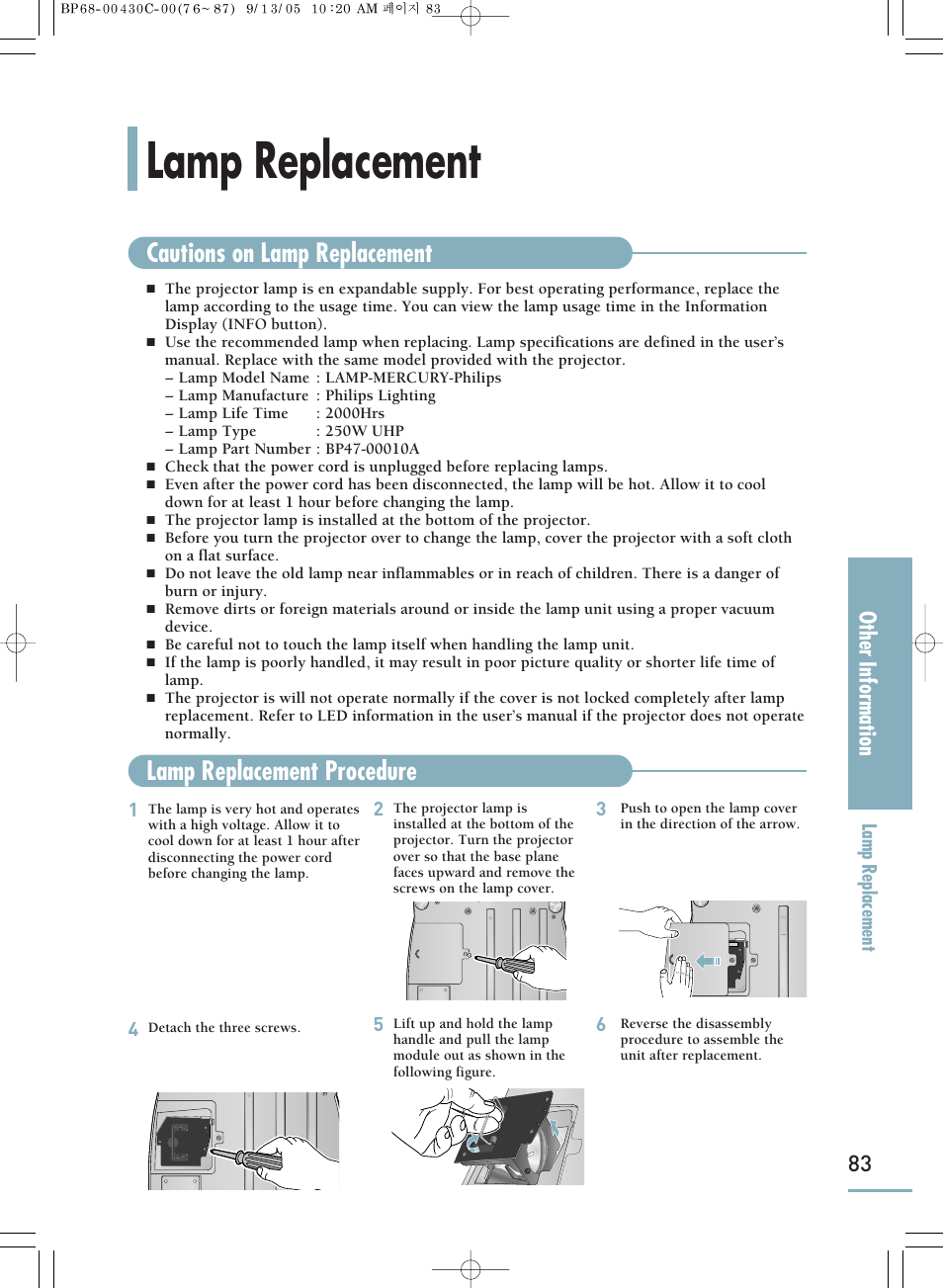 Lamp replacement, Other information | Samsung SP-H800 User Manual | Page 83 / 87