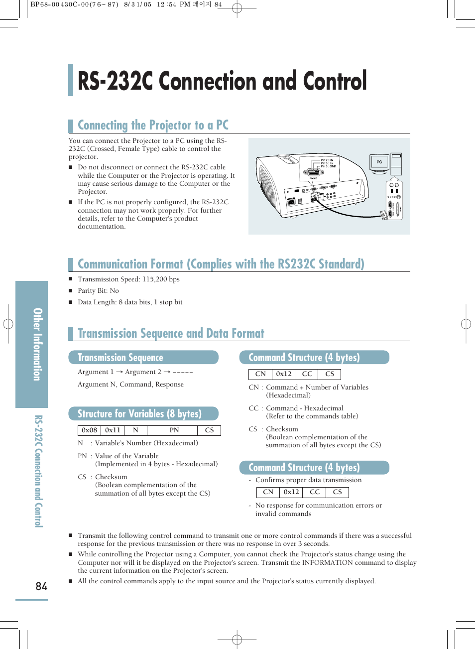 Specifications, Rs-232c connection and control, Connecting the projector to a pc | Transmission sequence and data format, Other information, Transmission sequence, Structure for variables (8 bytes), Command structure (4 bytes) | Samsung SP-H800 User Manual | Page 84 / 87