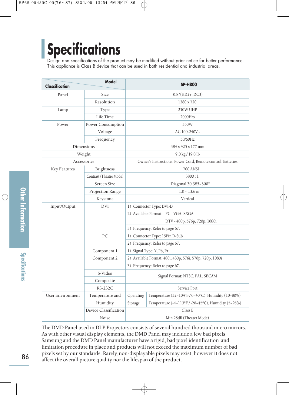 Specifications, Other information | Samsung SP-H800 User Manual | Page 86 / 87