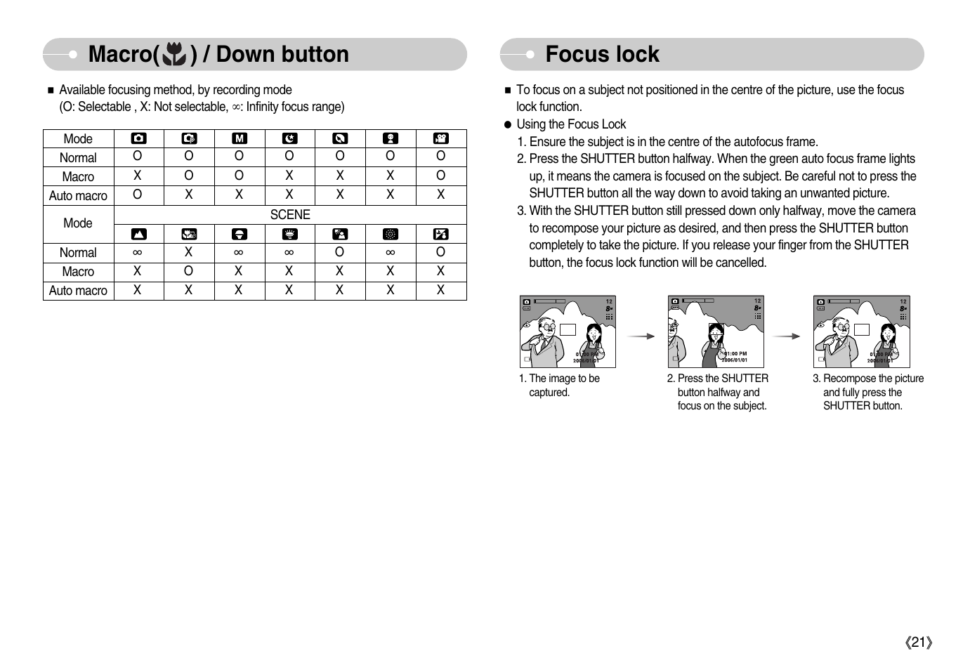 Focus lock macro( ) / down button | Samsung Digimax S800 User Manual | Page 22 / 82