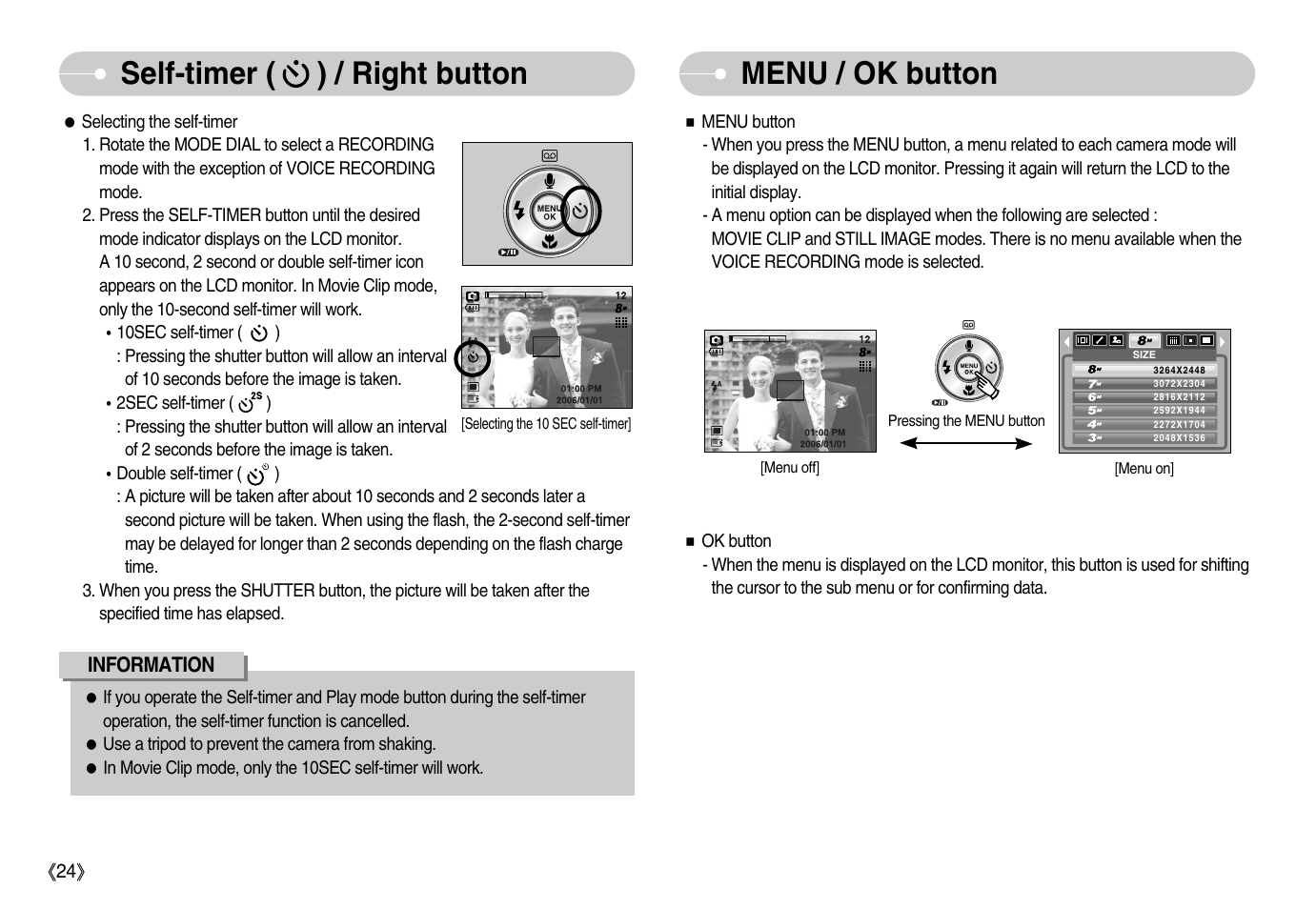 Self-timer ( ) / right button menu / ok button | Samsung Digimax S800 User Manual | Page 25 / 82