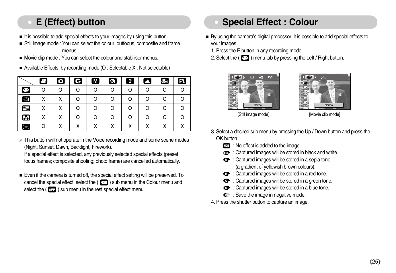 E (effect) button special effect : colour | Samsung Digimax S800 User Manual | Page 26 / 82