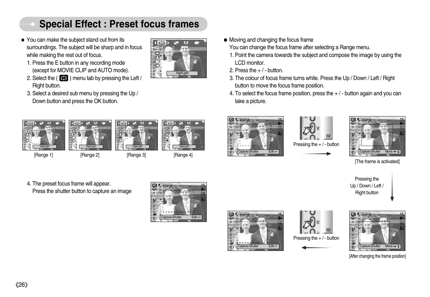 Special effect : preset focus frames | Samsung Digimax S800 User Manual | Page 27 / 82