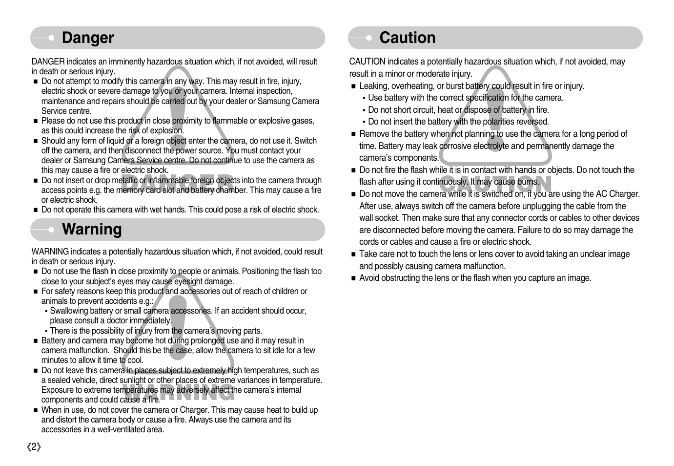 Danger warning, Caution | Samsung Digimax S800 User Manual | Page 3 / 82