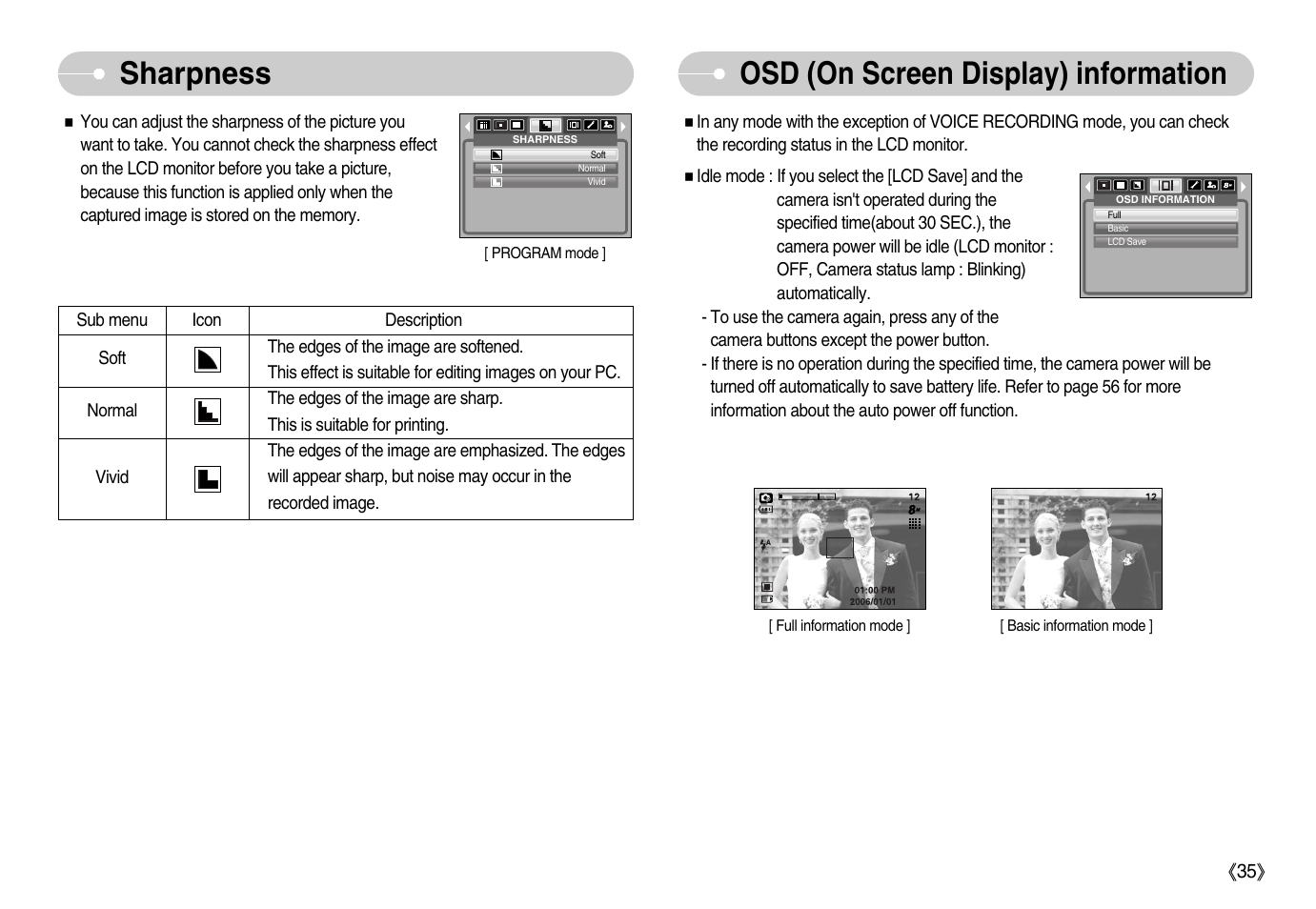 Sharpness osd (on screen display) information | Samsung Digimax S800 User Manual | Page 36 / 82