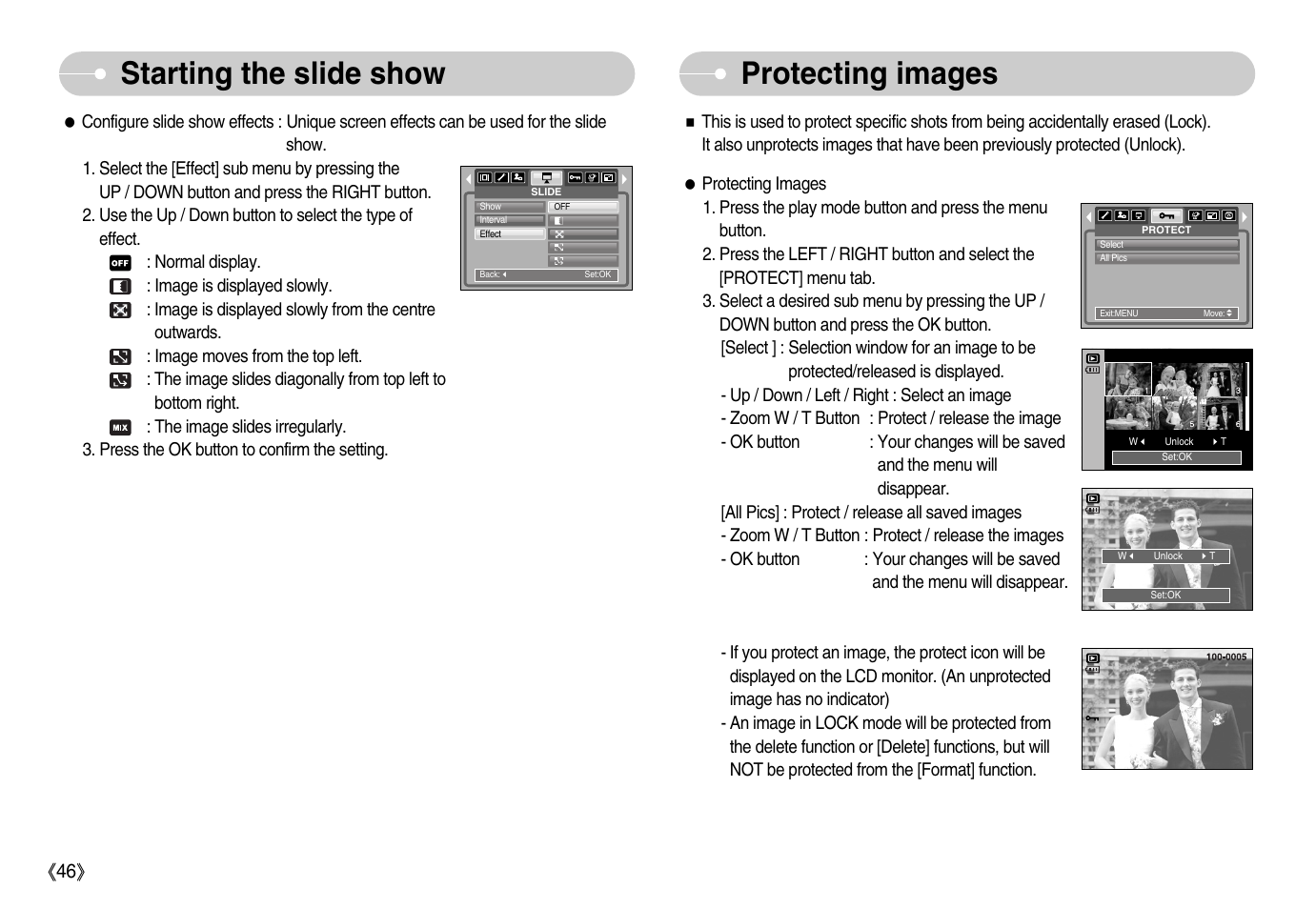 Starting the slide show protecting images | Samsung Digimax S800 User Manual | Page 47 / 82