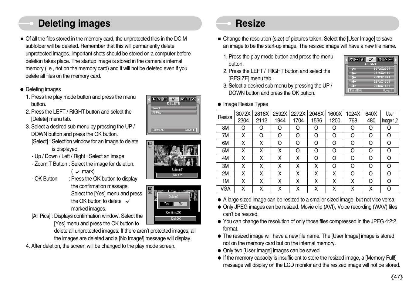 Deleting images resize | Samsung Digimax S800 User Manual | Page 48 / 82