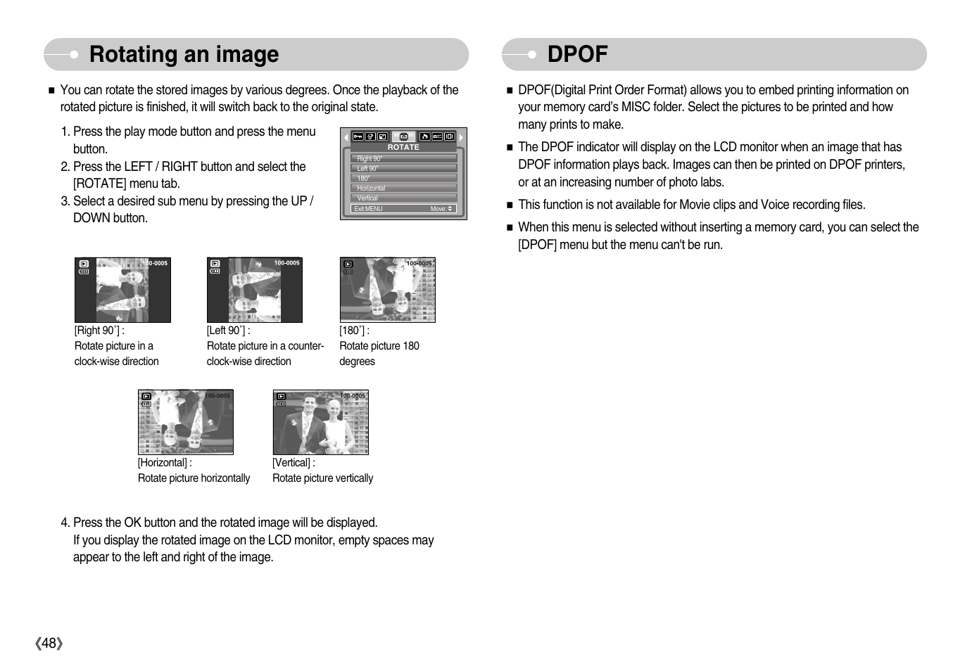 Rotating an image dpof | Samsung Digimax S800 User Manual | Page 49 / 82