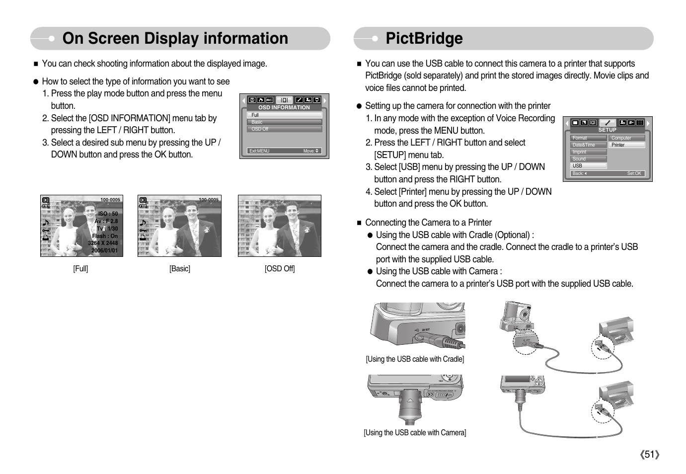 On screen display information pictbridge | Samsung Digimax S800 User Manual | Page 52 / 82