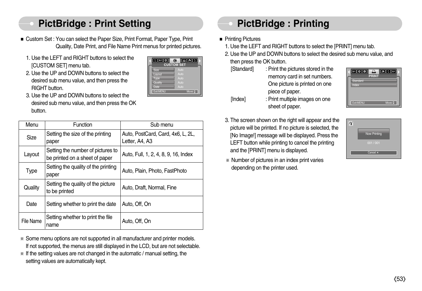 Pictbridge : print setting pictbridge : printing | Samsung Digimax S800 User Manual | Page 54 / 82
