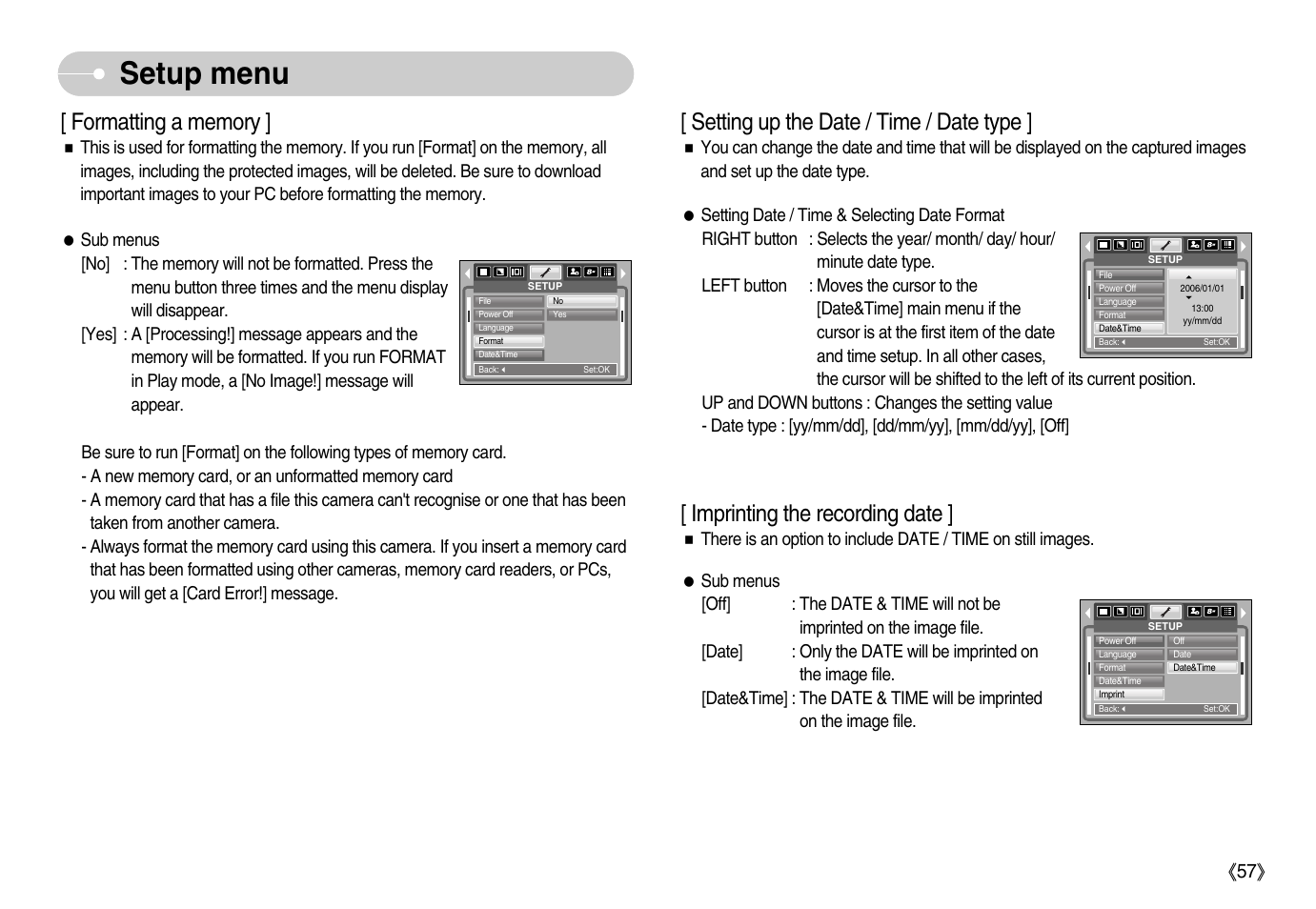 Setup menu, Setting up the date / time / date type, Imprinting the recording date | Samsung Digimax S800 User Manual | Page 58 / 82