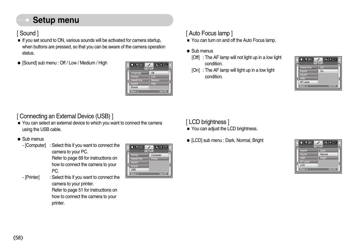 Setup menu, Sound, Connecting an external device (usb) | Auto focus lamp, Lcd brightness, Ŝ58ş | Samsung Digimax S800 User Manual | Page 59 / 82