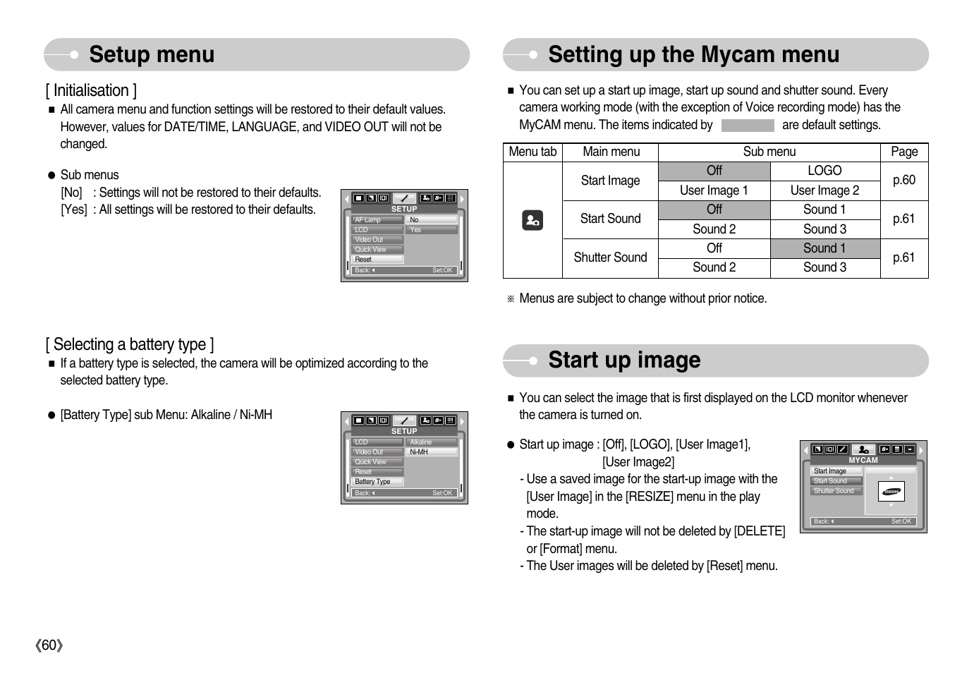 Setup menu setting up the mycam menu, Start up image, Initialisation | Selecting a battery type | Samsung Digimax S800 User Manual | Page 61 / 82