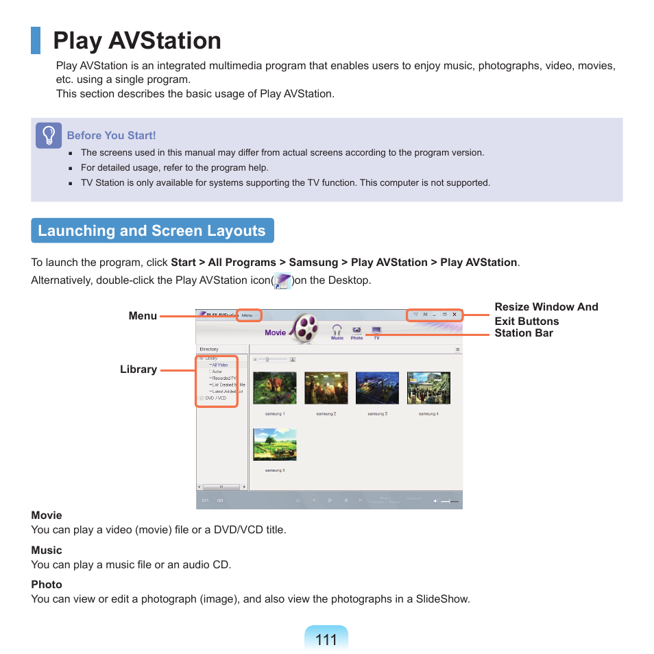 Play avstation, Launching and screen layouts | Samsung Q46 User Manual | Page 112 / 194