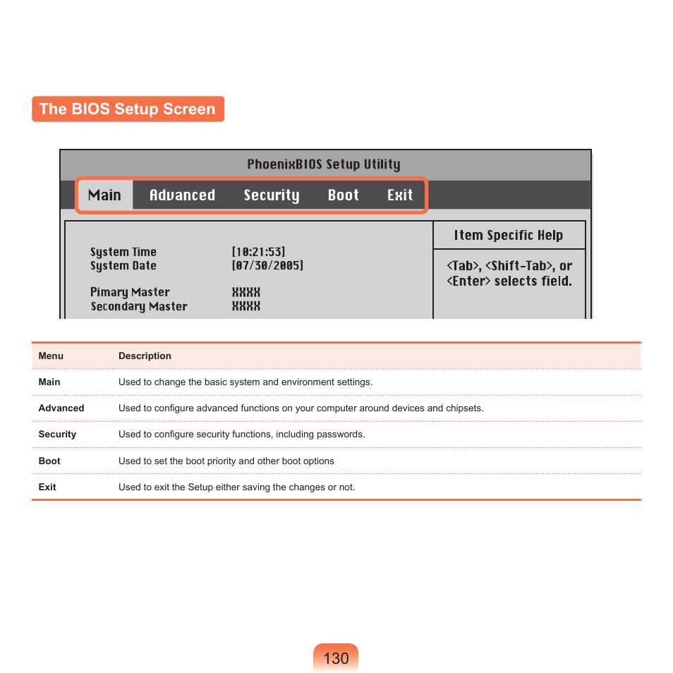 The bios setup screen, 130 the bios setup screen | Samsung Q46 User Manual | Page 131 / 194