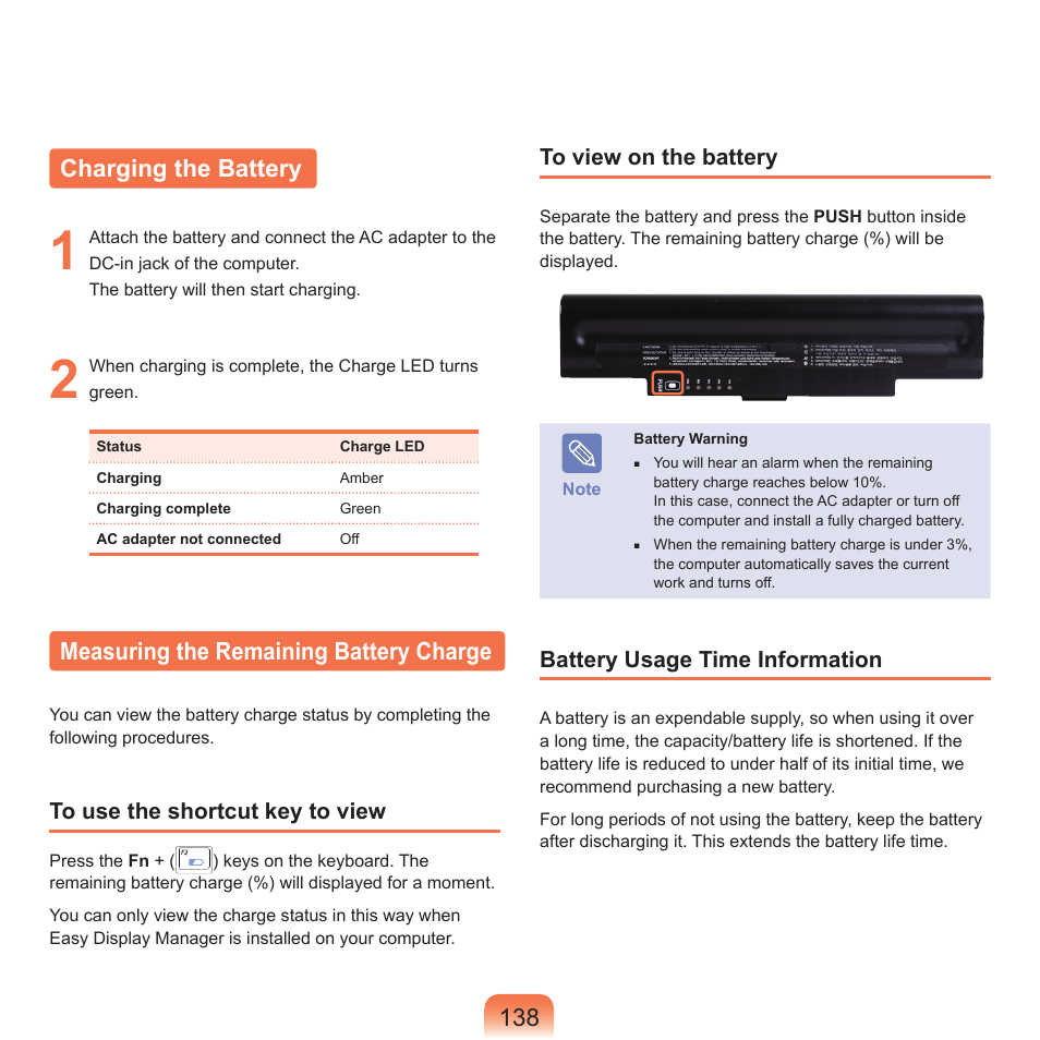 Charging the battery, Measuring the remaining battery charge | Samsung Q46 User Manual | Page 139 / 194