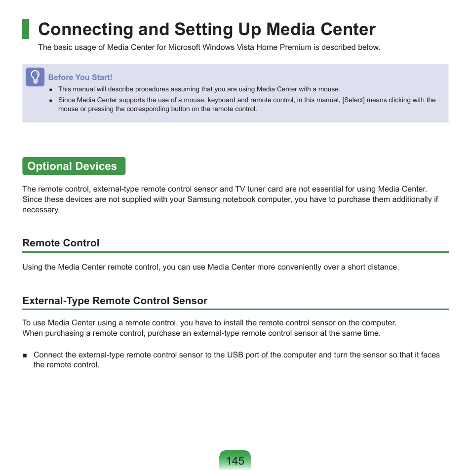 Connecting and setting up media center, Optional devices | Samsung Q46 User Manual | Page 146 / 194