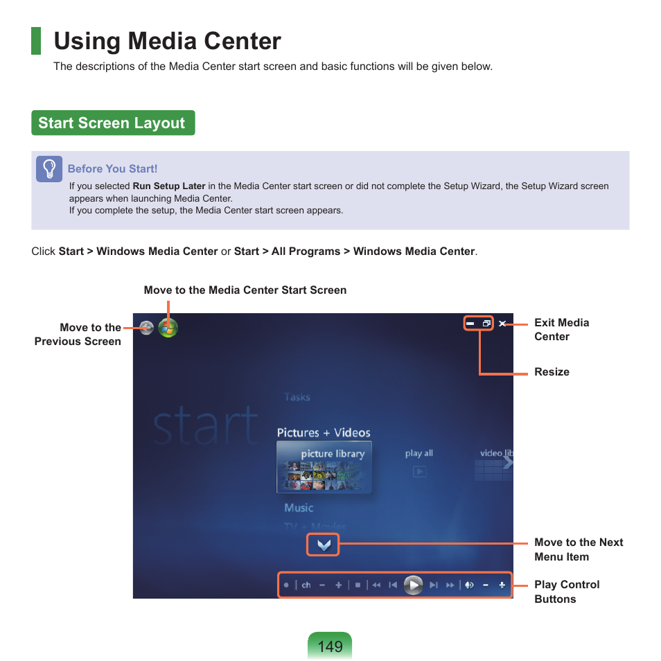 Using media center, Start screen layout, 149 start screen layout | Samsung Q46 User Manual | Page 150 / 194