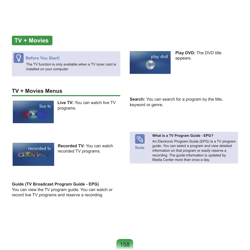 Tv + movies, Tv + movies menus | Samsung Q46 User Manual | Page 159 / 194