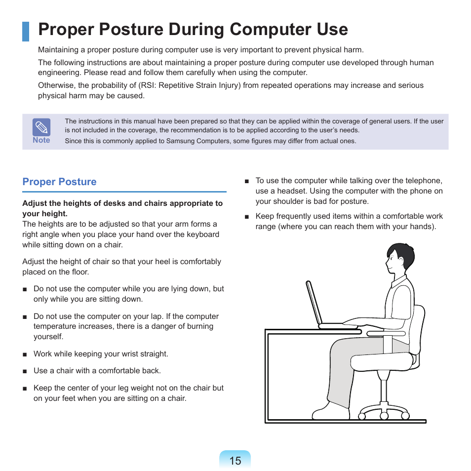 Proper posture during computer use | Samsung Q46 User Manual | Page 16 / 194